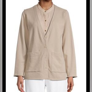 Eileen Fisher Cotton Terry V-Neck‎ Cardigan Jacket Size Large Tan